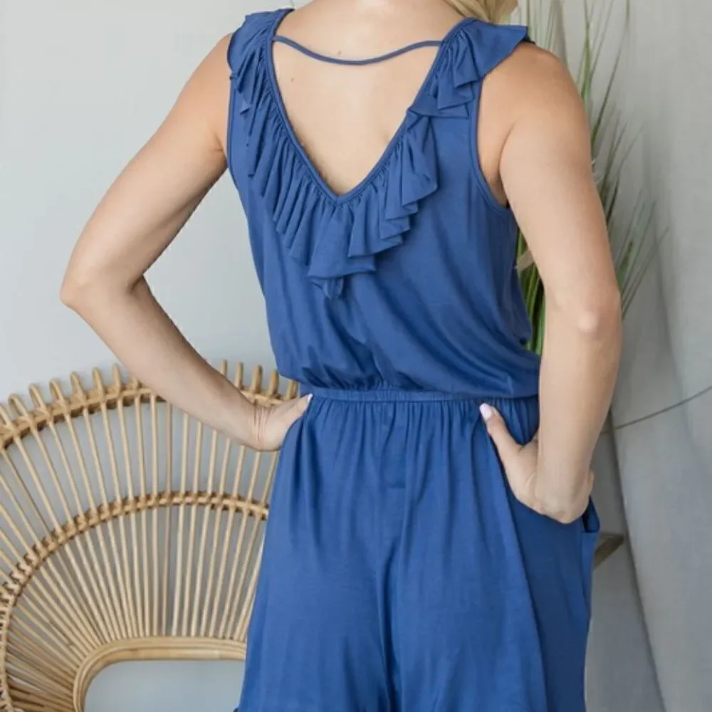 NEW! Cute Boho Style Casual V Neck Romper with Lace Trim and Ruffles